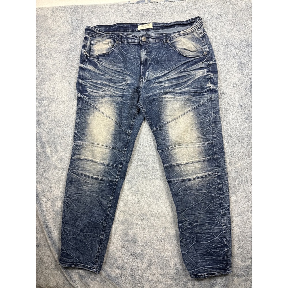 Blue Cult Mens 44 Blue Acid Wash Moto Denim Jeans Whiskered Crinkled Streetwear
